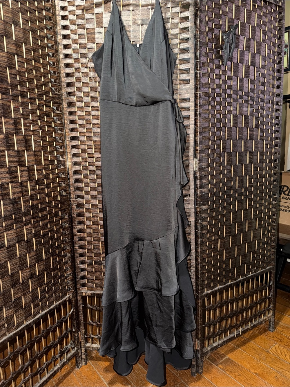 Nine West Black Satin-Look Wrap Maxi Dress with Ruffle Cascade